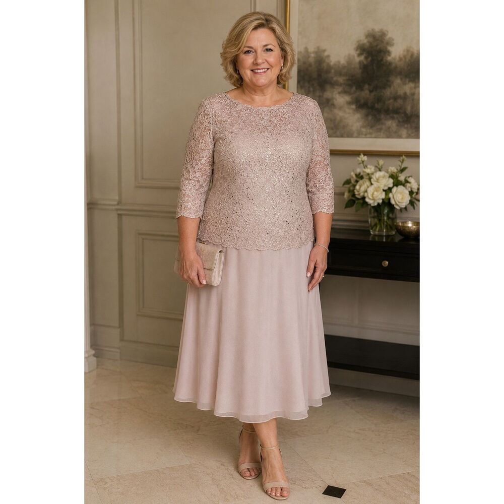 NWT Alex Evenings Tea Length Dress Lace Sequin Bodice Gown Women’s 22W Shell Pin